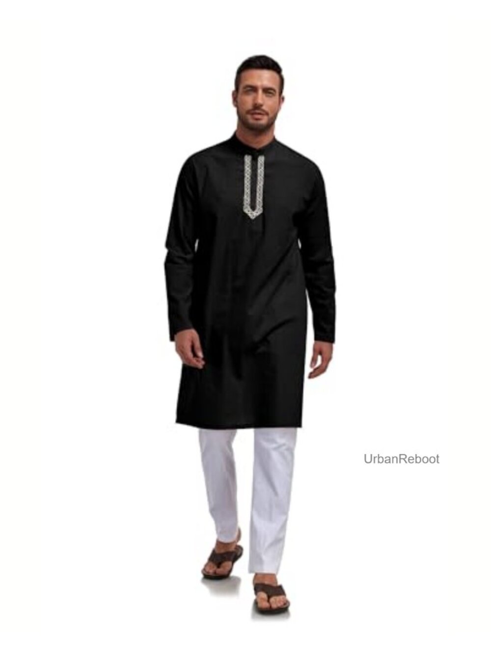 Men's Cotton Linen Kaftan Thobe Robe | Henley Button Long Sleeve